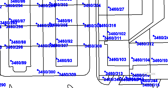 Parcela st. 3460/308 v KÚ Kadaň, Katastrální mapa