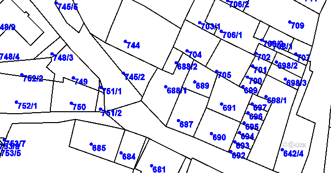 Parcela st. 688/1 v KÚ Kadaň, Katastrální mapa