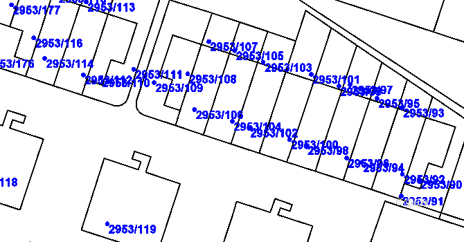 Parcela st. 2953/104 v KÚ Kadaň, Katastrální mapa