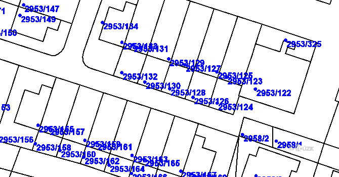 Parcela st. 2953/128 v KÚ Kadaň, Katastrální mapa