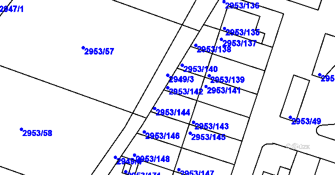 Parcela st. 2953/142 v KÚ Kadaň, Katastrální mapa