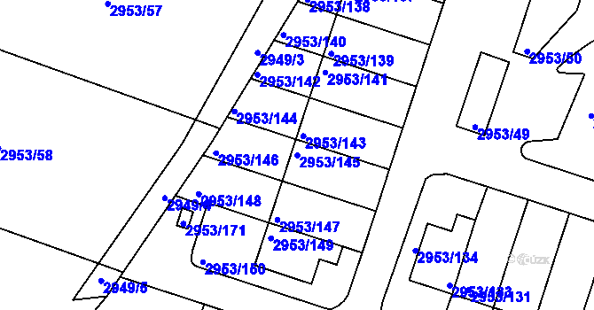 Parcela st. 2953/145 v KÚ Kadaň, Katastrální mapa