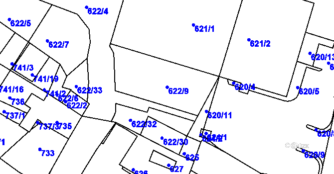 Parcela st. 622/9 v KÚ Kadaň, Katastrální mapa
