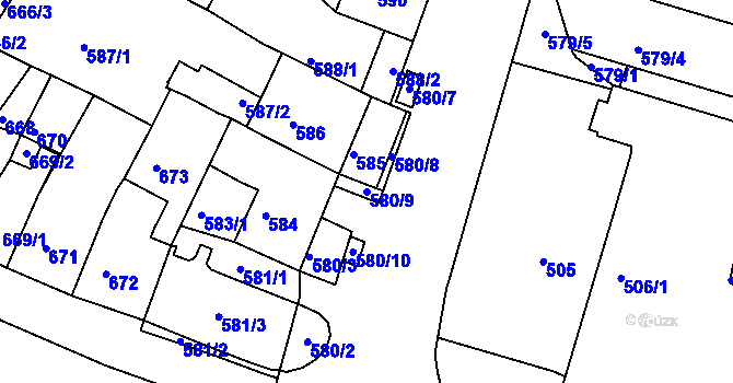 Parcela st. 580/9 v KÚ Kadaň, Katastrální mapa