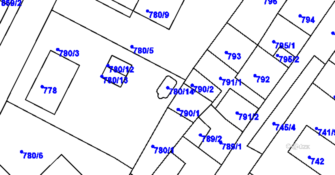 Parcela st. 780/14 v KÚ Kadaň, Katastrální mapa