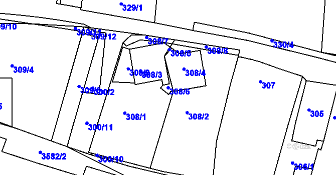 Parcela st. 308/6 v KÚ Kadaň, Katastrální mapa