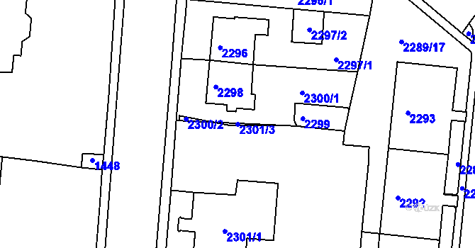 Parcela st. 2301/3 v KÚ Kadaň, Katastrální mapa