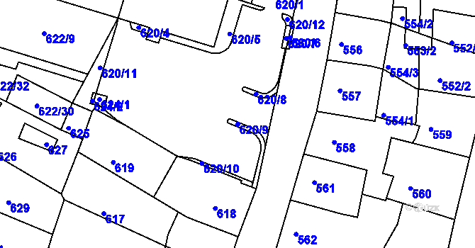 Parcela st. 620/9 v KÚ Kadaň, Katastrální mapa