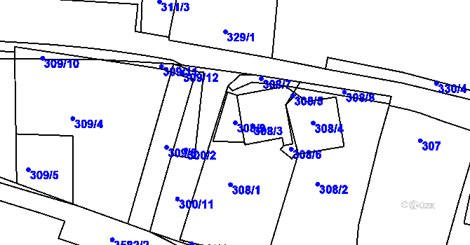 Parcela st. 308/9 v KÚ Kadaň, Katastrální mapa