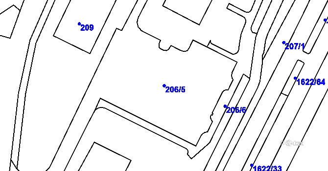 Parcela st. 206/5 v KÚ Kadaň, Katastrální mapa