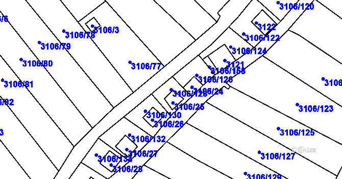 Parcela st. 3106/128 v KÚ Kadaň, Katastrální mapa