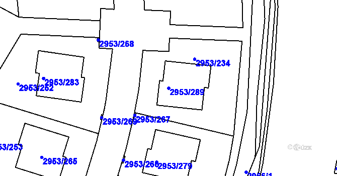 Parcela st. 2953/289 v KÚ Kadaň, Katastrální mapa