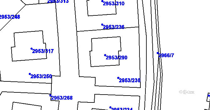Parcela st. 2953/290 v KÚ Kadaň, Katastrální mapa
