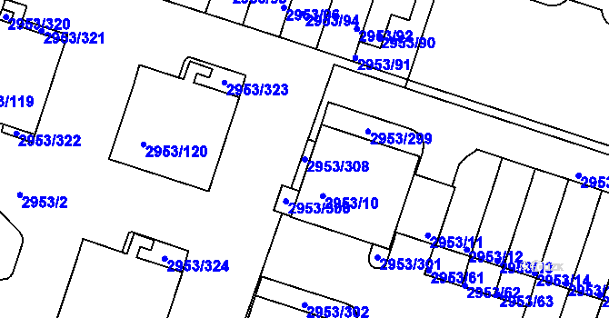 Parcela st. 2953/308 v KÚ Kadaň, Katastrální mapa