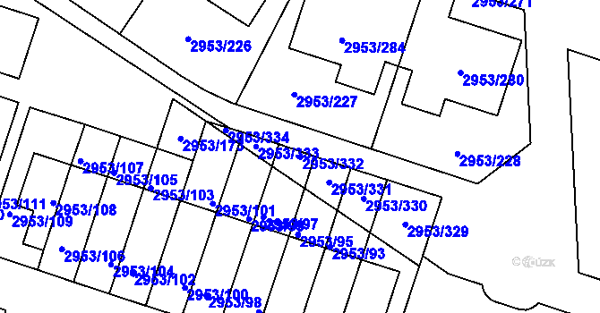 Parcela st. 2953/332 v KÚ Kadaň, Katastrální mapa