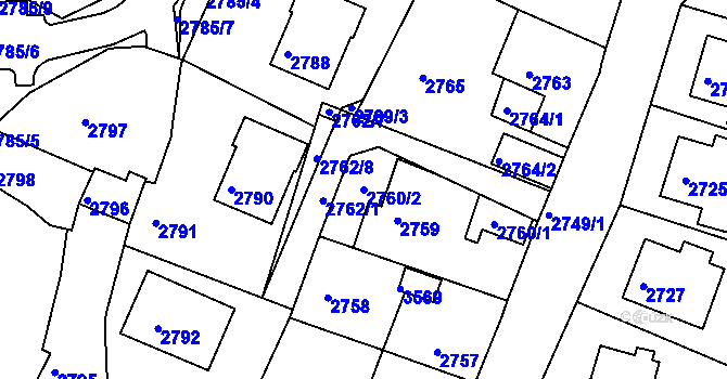 Parcela st. 2760/2 v KÚ Kadaň, Katastrální mapa
