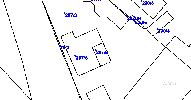 Parcela st. 207/9 v KÚ Prunéřov, Katastrální mapa