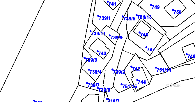 Parcela st. 740 v KÚ Prunéřov, Katastrální mapa