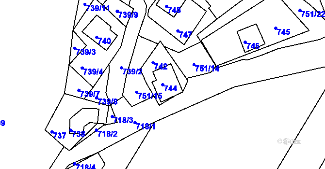 Parcela st. 744 v KÚ Prunéřov, Katastrální mapa