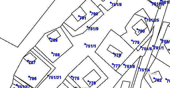 Parcela st. 751/1 v KÚ Prunéřov, Katastrální mapa