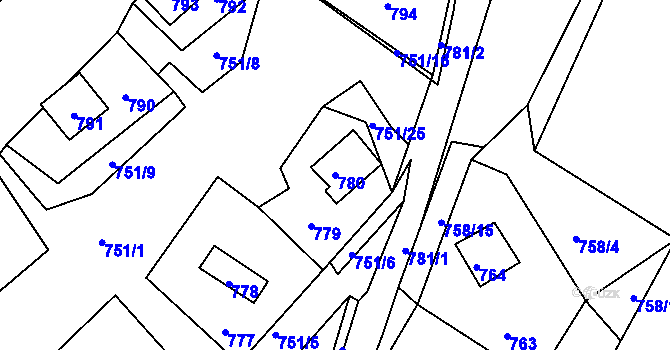 Parcela st. 780 v KÚ Prunéřov, Katastrální mapa