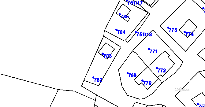 Parcela st. 783 v KÚ Prunéřov, Katastrální mapa