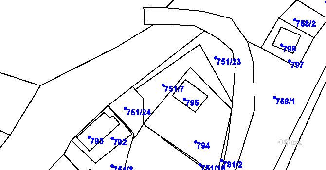 Parcela st. 751/7 v KÚ Prunéřov, Katastrální mapa