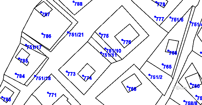 Parcela st. 751/11 v KÚ Prunéřov, Katastrální mapa
