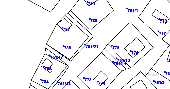 Parcela st. 751/21 v KÚ Prunéřov, Katastrální mapa