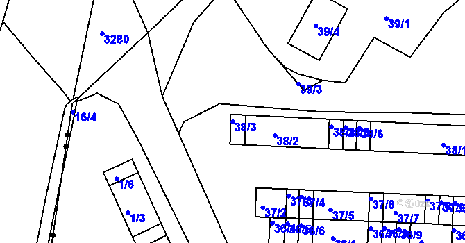 Parcela st. 38/3 v KÚ Bystřice u Kadaně, Katastrální mapa