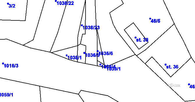 Parcela st. 1036/6 v KÚ Kladenské Rovné, Katastrální mapa