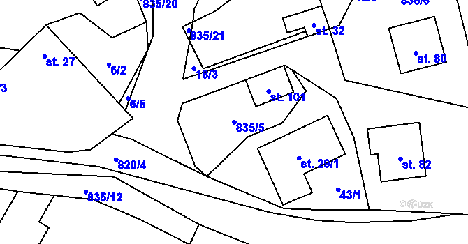 Parcela st. 835/5 v KÚ Kalhov, Katastrální mapa