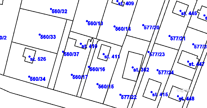 Parcela st. 411 v KÚ Kaliště u Ondřejova, Katastrální mapa