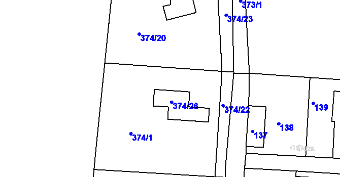 Parcela st. 374/1 v KÚ Kaly, Katastrální mapa