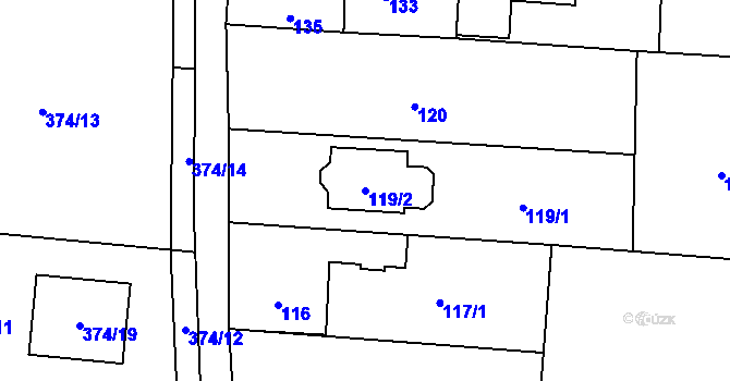 Parcela st. 119/2 v KÚ Kaly, Katastrální mapa