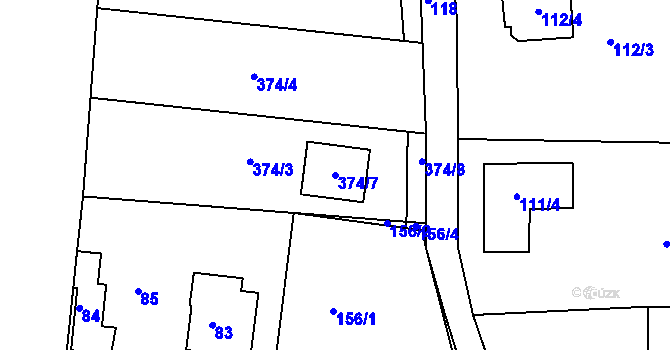Parcela st. 374/7 v KÚ Kaly, Katastrální mapa