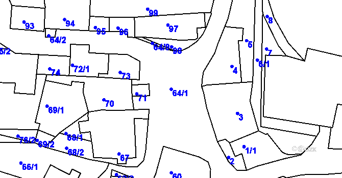 Parcela st. 64/1 v KÚ Kaly, Katastrální mapa