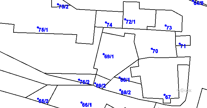 Parcela st. 69/1 v KÚ Kaly, Katastrální mapa