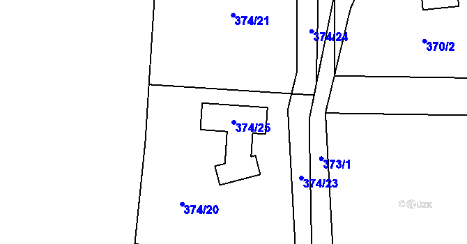 Parcela st. 374/25 v KÚ Kaly, Katastrální mapa