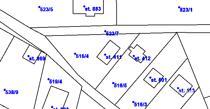 Parcela st. 411 v KÚ Ládví, Katastrální mapa
