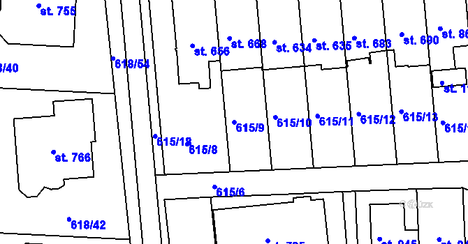 Parcela st. 615/9 v KÚ Ládví, Katastrální mapa