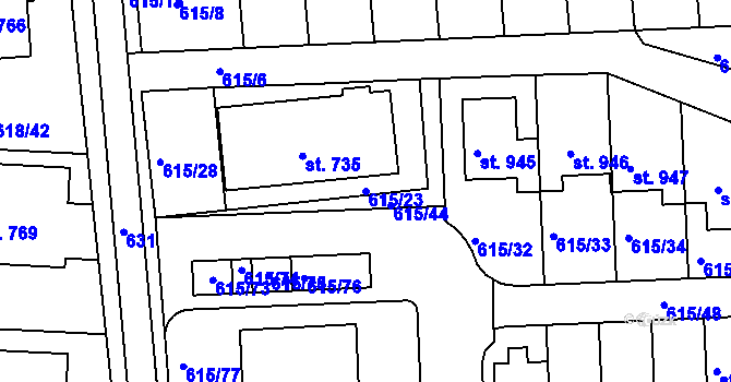 Parcela st. 615/23 v KÚ Ládví, Katastrální mapa