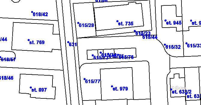 Parcela st. 615/74 v KÚ Ládví, Katastrální mapa
