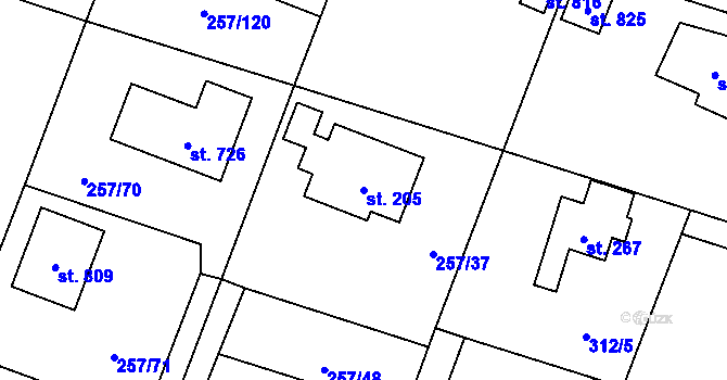 Parcela st. 205 v KÚ Štiřín, Katastrální mapa