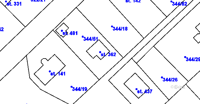 Parcela st. 362 v KÚ Štiřín, Katastrální mapa