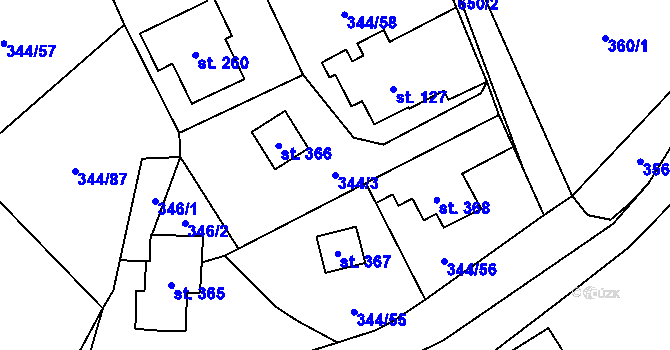 Parcela st. 344/3 v KÚ Štiřín, Katastrální mapa
