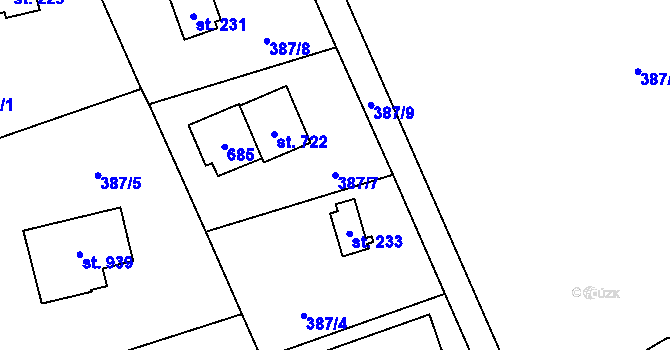 Parcela st. 387/7 v KÚ Štiřín, Katastrální mapa