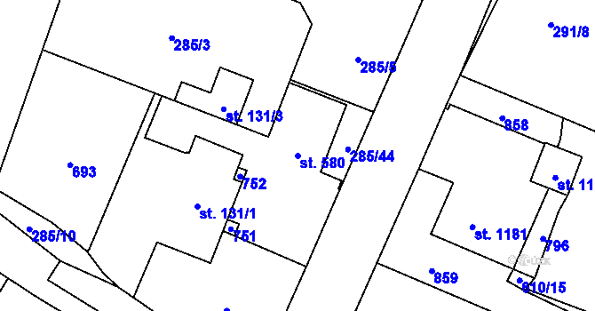Parcela st. 580 v KÚ Štiřín, Katastrální mapa