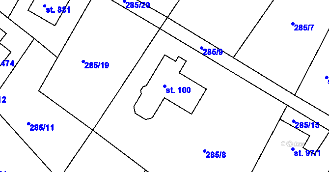 Parcela st. 100 v KÚ Těptín, Katastrální mapa