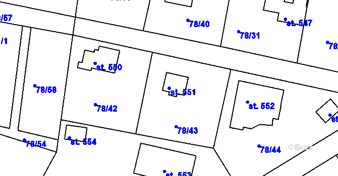 Parcela st. 551 v KÚ Těptín, Katastrální mapa